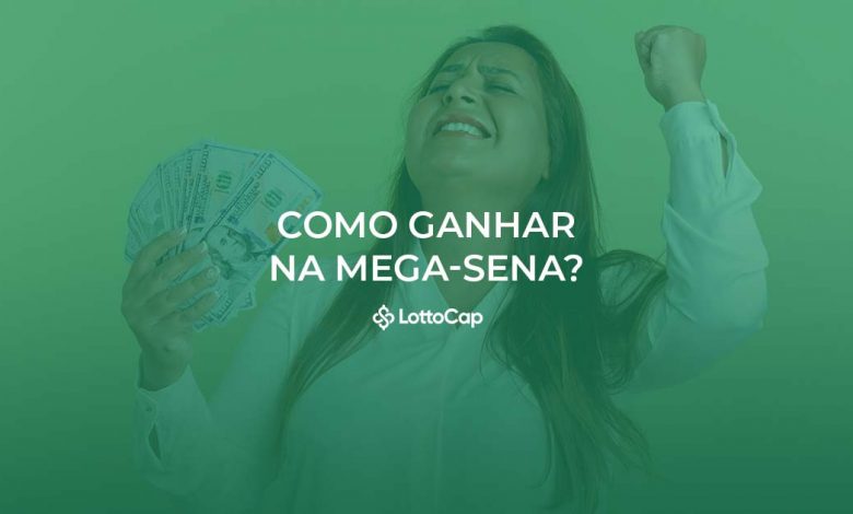 Imagem de capa com filtro verde, contendo uma mulher segurando notas de dinheiro e comemorando, com o título 'Como ganhar na Mega-Sena?'.