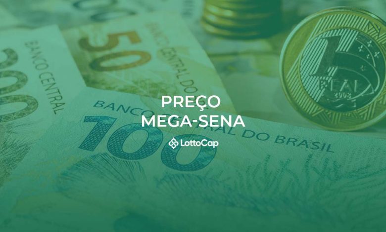 Imagem de capa da matéria de valor da aposta da Mega-Sena com a escrita'Preço Mega-Sena' em um fundo verde