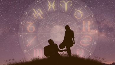 Guia dos Singos: Signos astrológicos do zodíaco dentro do círculo do horóscopo. Casal cantando e dançando sobre a roda do Zodíaco e o fundo da Via Láctea.