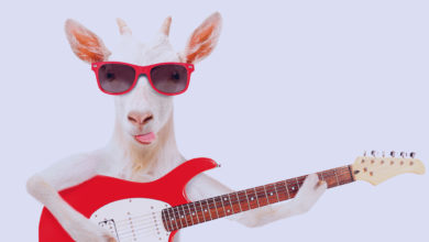 Milhar da cabra que mais sai: retrato divertido de uma cabra segurando uma guitarra