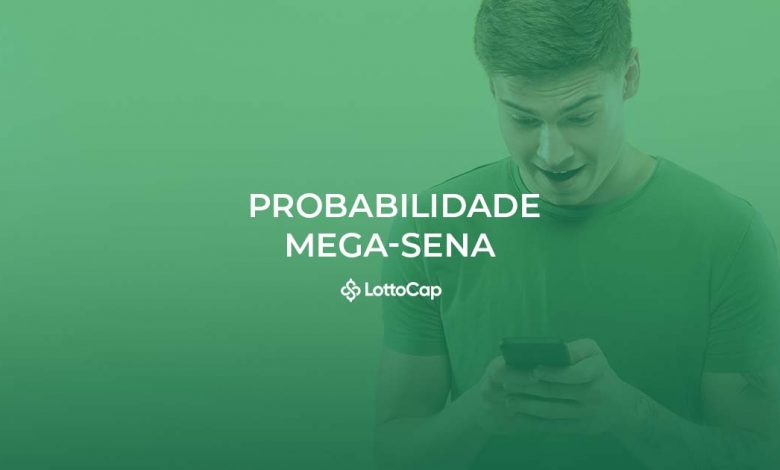 Imagem de capa com fundo verde, contendo um homem vendo o celular e o título 'Probabilidade Mega-Sena'.