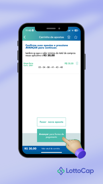Print da tela 'Confirmar suas apostas' da Mega-Sena Online do App Loterias Caixa.