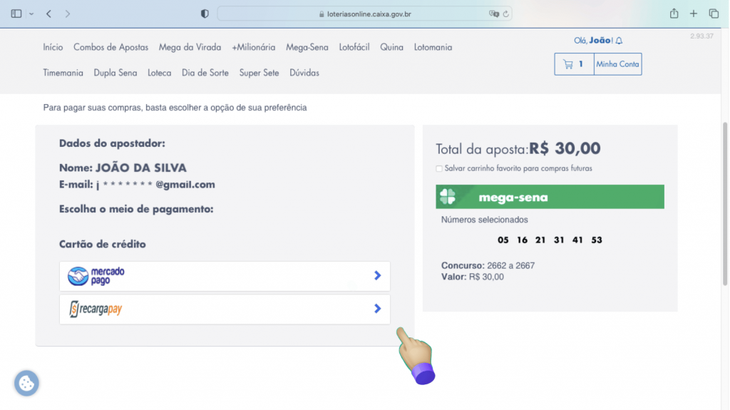 Print da tela da finalização de pagamento da Mega-Sena do Site Loterias Online da Caixa através do cartão de crédito.