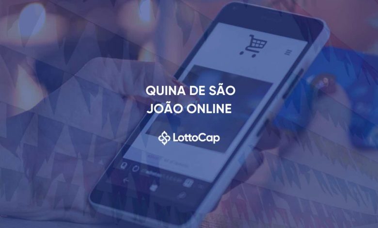 Imagem de capa com um celular fazendo a compra online e o título 'Quina São João Online'