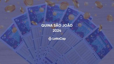 Imagem de capa com várias cartelas da Quina de São João e moedas douradas. O título 'Quina de São João 2024'