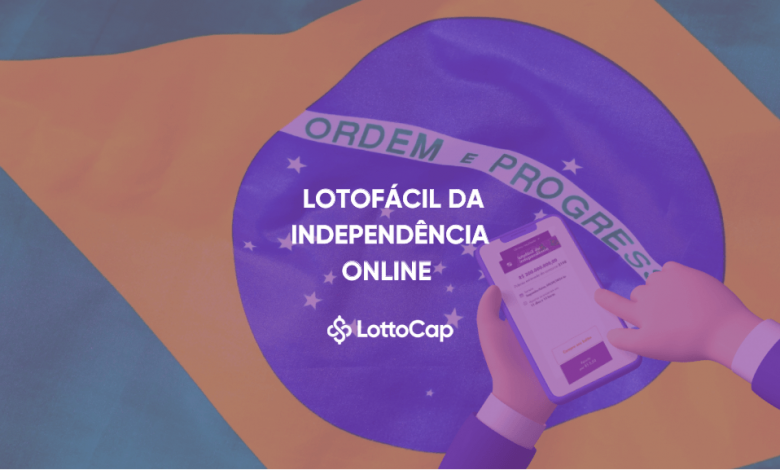 Imagem de capa com a bandeira do Brasil e um celular, contendo o título: Lotofácil da Independência Online.